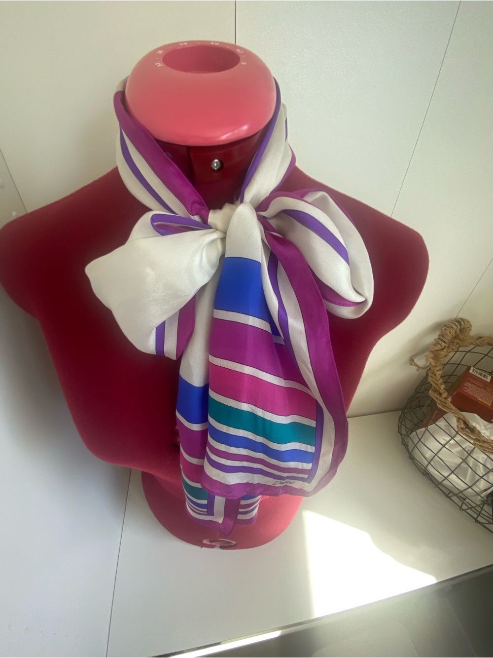 Vintage 1980s Demaro Striped Silk-Feel Long Neck Scarf in White, Purple & Blue
